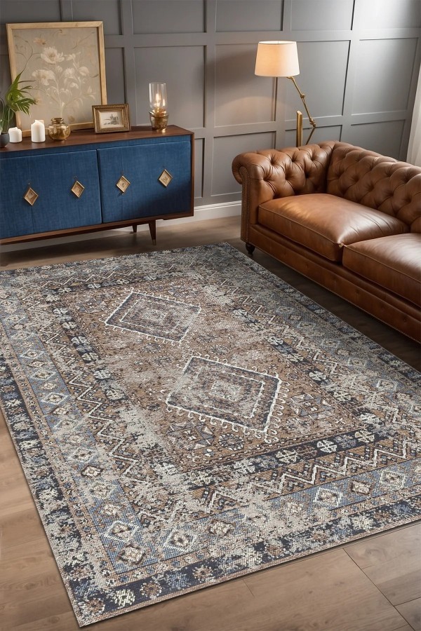 Crest Vintage Desenli Pamuk Tabanlı Yıkanabilen Kaydırmaz Antibakteriyel Şönil Salon Halısı