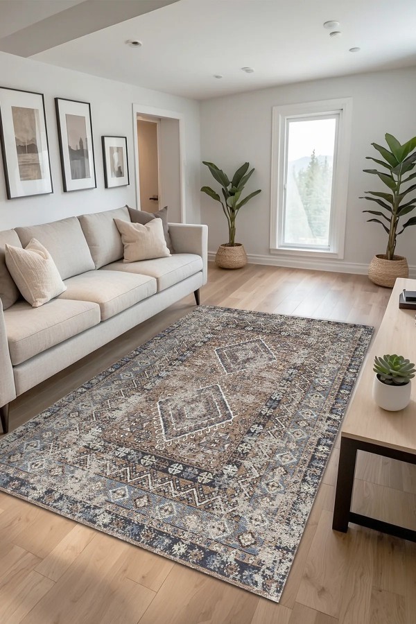 Crest Vintage Desenli Pamuk Tabanlı Yıkanabilen Kaydırmaz Antibakteriyel Şönil Salon Halısı