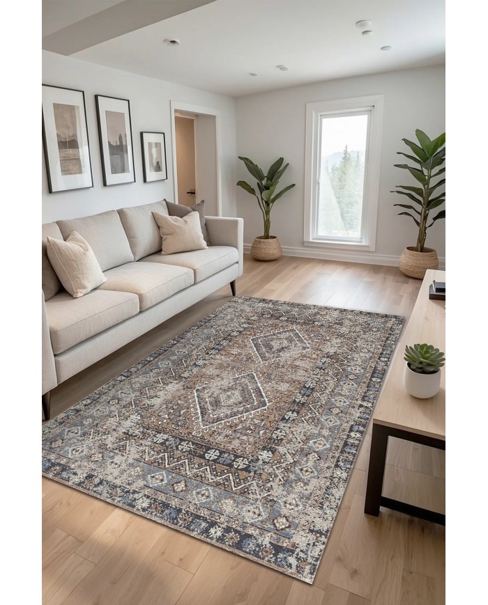 Crest Vintage Desenli Pamuk Tabanlı Yıkanabilen Kaydırmaz Antibakteriyel Şönil Salon Halısı