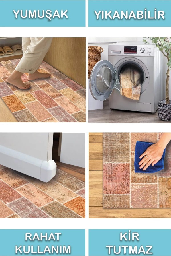 Mileni Patchwork Desenli Pamuk Tabanlı Yıkanabilen Kaydırmaz Antibakteriyel Şönil Salon Halısı