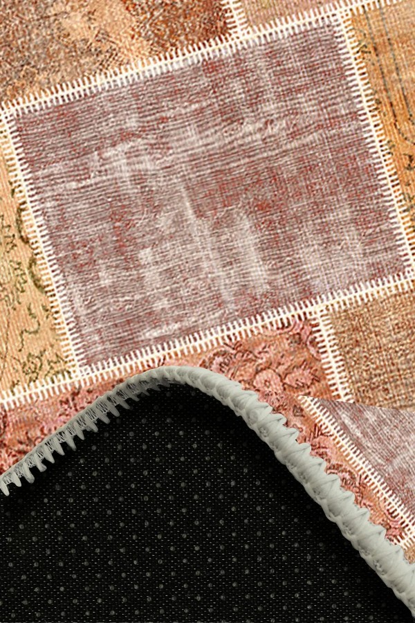 Mileni Patchwork Desenli Pamuk Tabanlı Yıkanabilen Kaydırmaz Antibakteriyel Şönil Salon Halısı