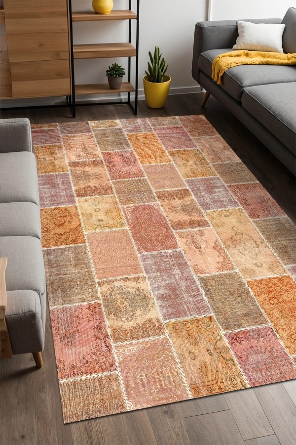 Mileni Patchwork Desenli Pamuk Tabanlı Yıkanabilen Kaydırmaz Antibakteriyel Şönil Salon Halısı
