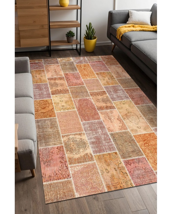 Mileni Patchwork Desenli Pamuk Tabanlı Yıkanabilen Kaydırmaz Antibakteriyel Şönil Salon Halısı