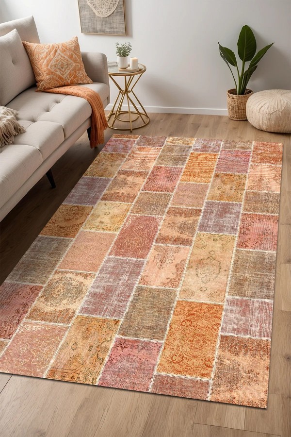 Mileni Patchwork Desenli Pamuk Tabanlı Yıkanabilen Kaydırmaz Antibakteriyel Şönil Salon Halısı
