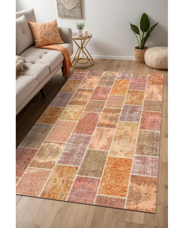 Mileni Patchwork Desenli Pamuk Tabanlı Yıkanabilen Kaydırmaz Antibakteriyel Şönil Salon Halısı