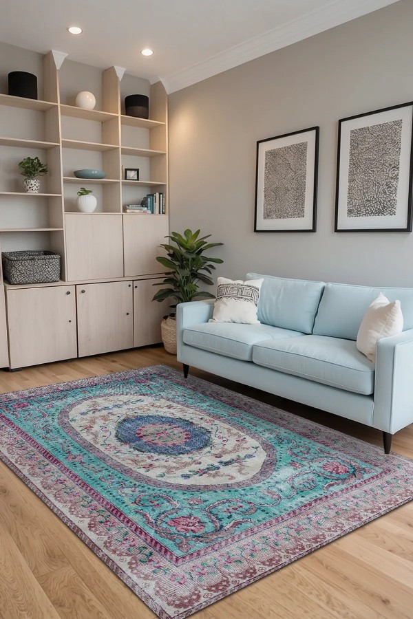 Sable Vintage Desenli Pamuk Tabanlı Yıkanabilen Kaydırmaz Antibakteriyel Şönil Salon Halısı