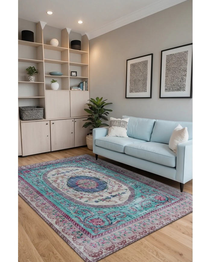 Sable Vintage Desenli Pamuk Tabanlı Yıkanabilen Kaydırmaz Antibakteriyel Şönil Salon Halısı