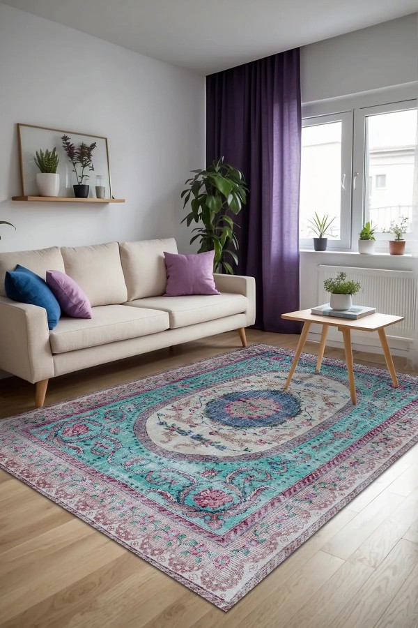 Sable Vintage Desenli Pamuk Tabanlı Yıkanabilen Kaydırmaz Antibakteriyel Şönil Salon Halısı