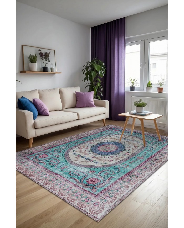 Sable Vintage Desenli Pamuk Tabanlı Yıkanabilen Kaydırmaz Antibakteriyel Şönil Salon Halısı