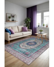 Sable Vintage Desenli Pamuk Tabanlı Yıkanabilen Kaydırmaz Antibakteriyel Şönil Salon Halısı