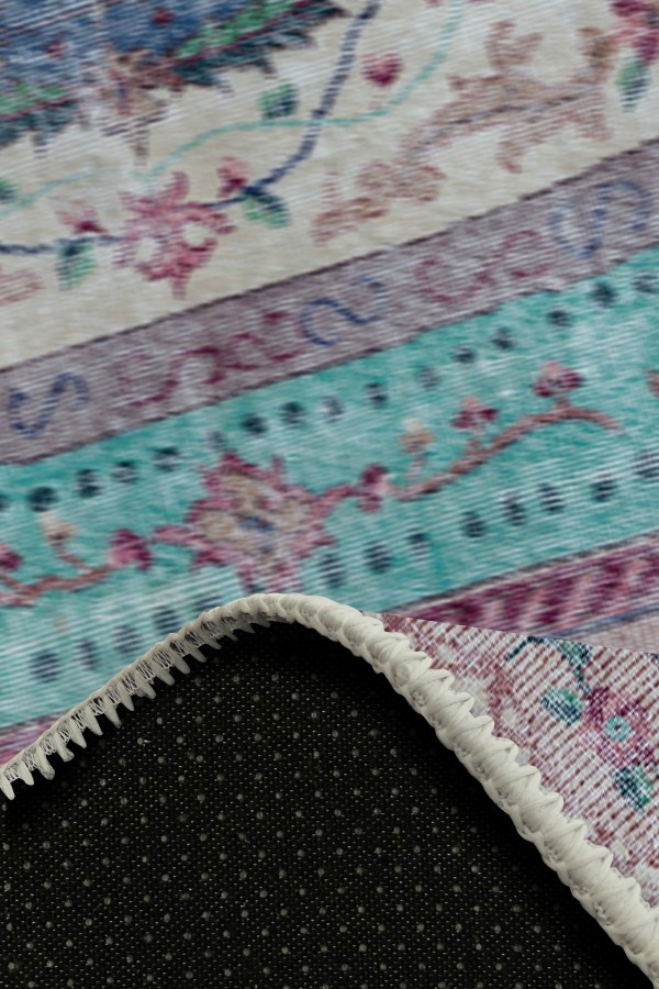 Sable Vintage Desenli Pamuk Tabanlı Yıkanabilen Kaydırmaz Antibakteriyel Şönil Salon Halısı