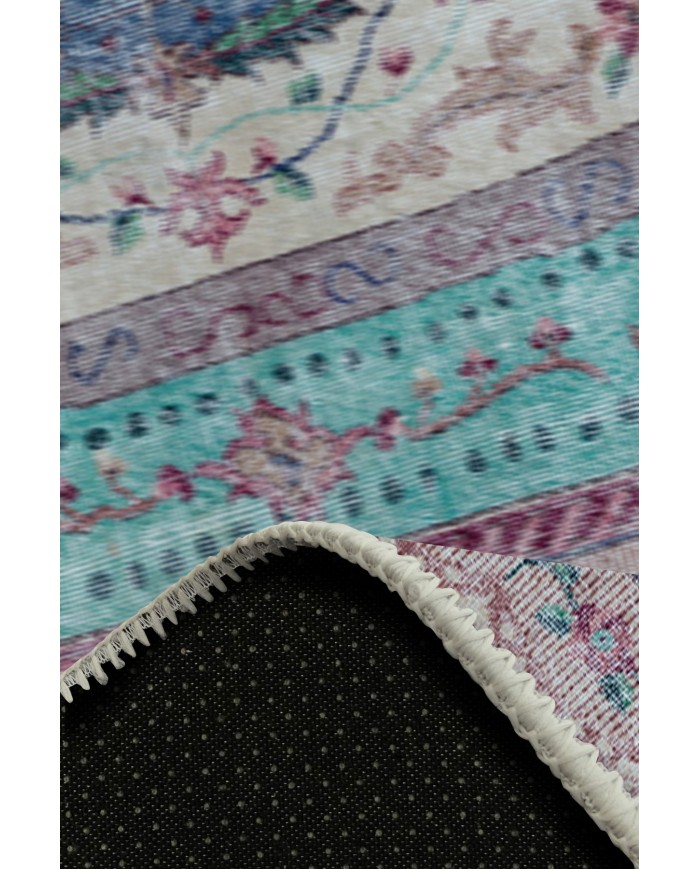 Sable Vintage Desenli Pamuk Tabanlı Yıkanabilen Kaydırmaz Antibakteriyel Şönil Salon Halısı