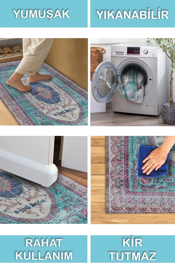 Sable Vintage Desenli Pamuk Tabanlı Yıkanabilen Kaydırmaz Antibakteriyel Şönil Salon Halısı