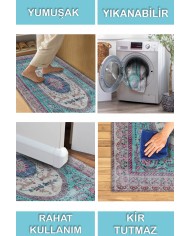 Sable Vintage Desenli Pamuk Tabanlı Yıkanabilen Kaydırmaz Antibakteriyel Şönil Salon Halısı