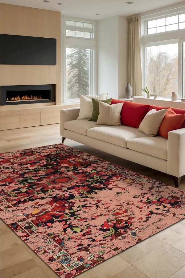 Serena Eskitme Desenli Pamuk Tabanlı Yıkanabilen Kaydırmaz Antibakteriyel Şönil Salon Halısı