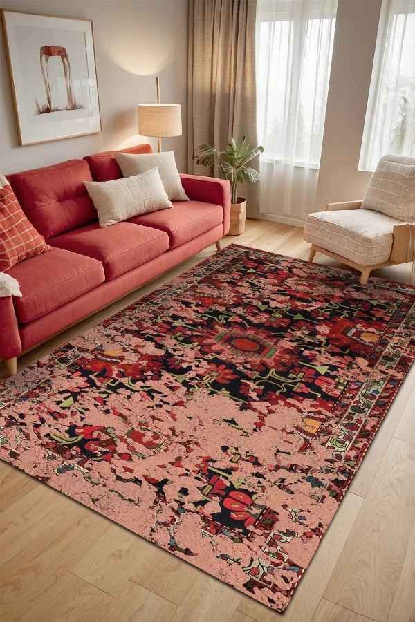 Serena Eskitme Desenli Pamuk Tabanlı Yıkanabilen Kaydırmaz Antibakteriyel Şönil Salon Halısı