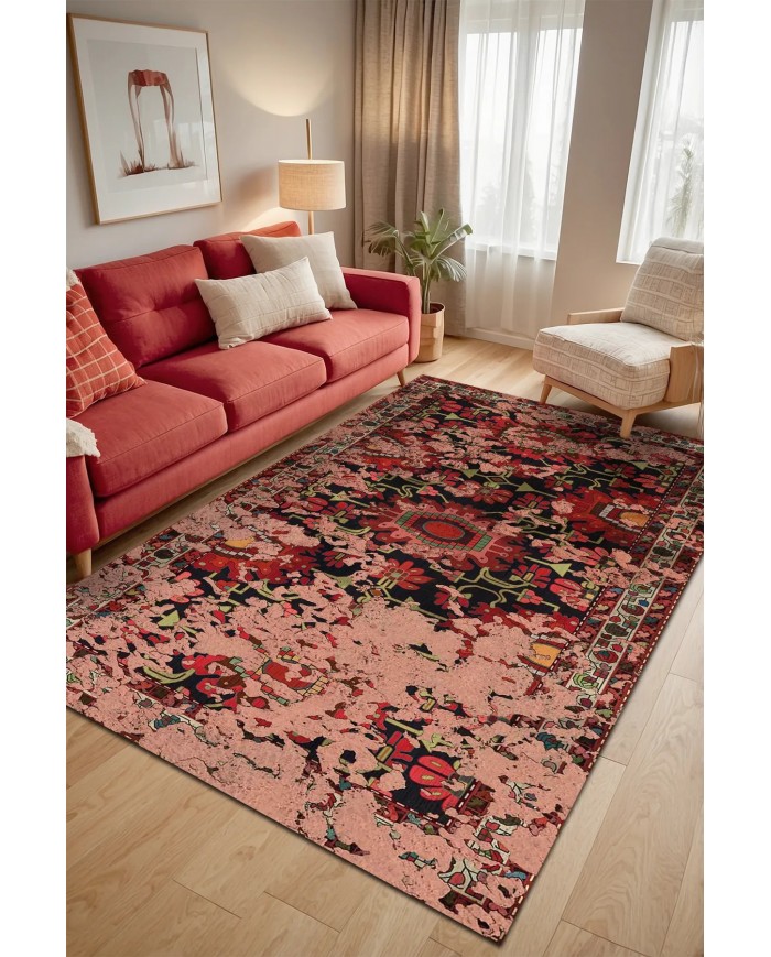 Serena Eskitme Desenli Pamuk Tabanlı Yıkanabilen Kaydırmaz Antibakteriyel Şönil Salon Halısı