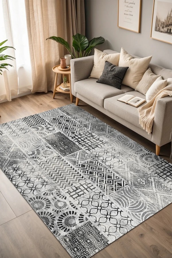 Chaz Desenli Pamuk Tabanlı Yıkanabilen Kaymaz Antibakteriyel Şönil Salon Halısı