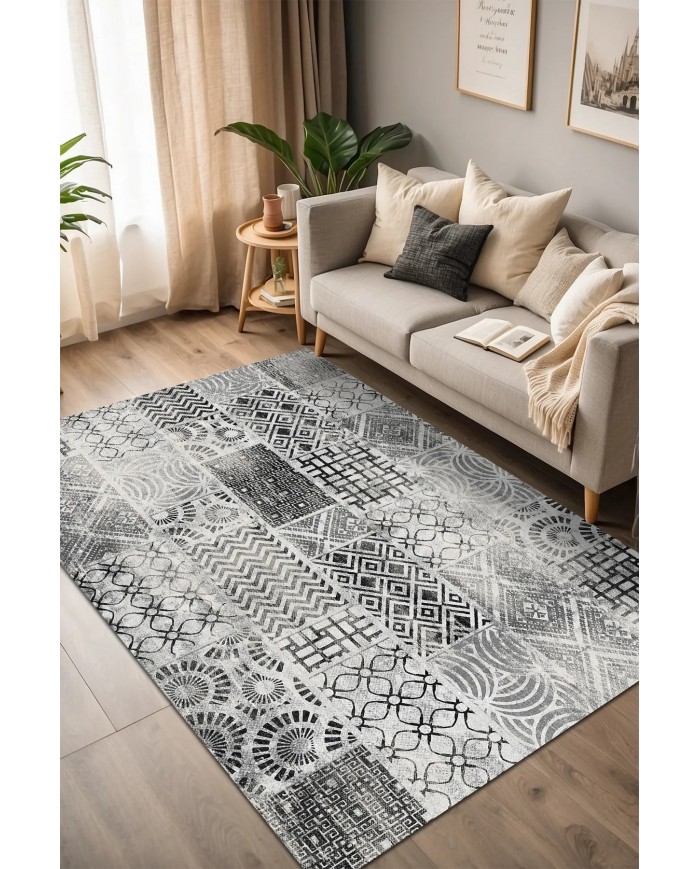 Chaz Desenli Pamuk Tabanlı Yıkanabilen Kaymaz Antibakteriyel Şönil Salon Halısı