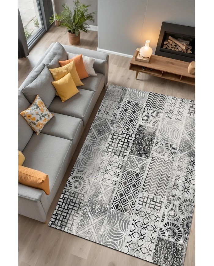 Chaz Desenli Pamuk Tabanlı Yıkanabilen Kaymaz Antibakteriyel Şönil Salon Halısı