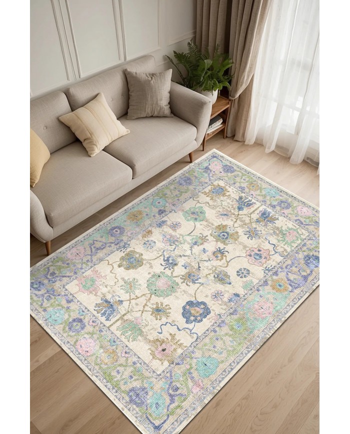 Simay Desenli Pamuk Tabanlı Yıkanabilen Kaydırmaz Antibakteriyel Şönil Salon Halısı