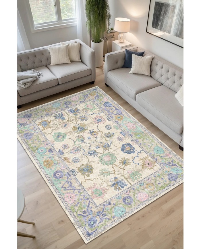 Simay Desenli Pamuk Tabanlı Yıkanabilen Kaydırmaz Antibakteriyel Şönil Salon Halısı