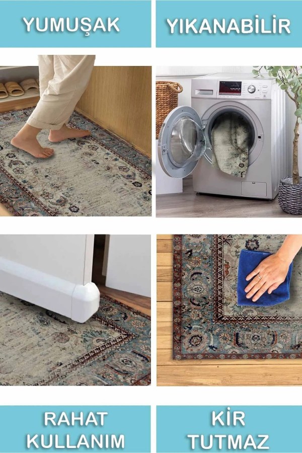 Laloven Vintage Desenli Pamuk Tabanlı Yıkanabilen Kaydırmaz Antibakteriyel Şönil Salon Halısı