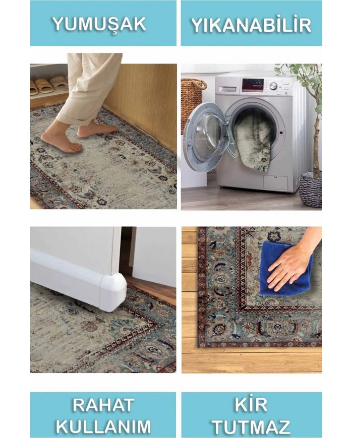 Laloven Vintage Desenli Pamuk Tabanlı Yıkanabilen Kaydırmaz Antibakteriyel Şönil Salon Halısı