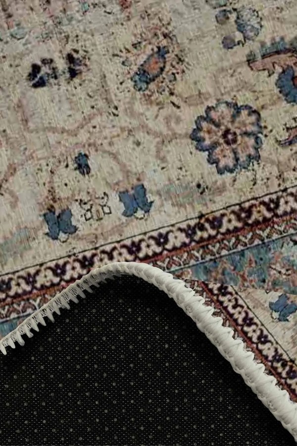 Laloven Vintage Desenli Pamuk Tabanlı Yıkanabilen Kaydırmaz Antibakteriyel Şönil Salon Halısı