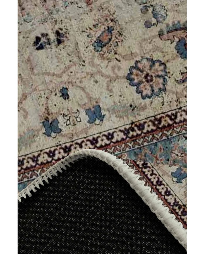 Laloven Vintage Desenli Pamuk Tabanlı Yıkanabilen Kaydırmaz Antibakteriyel Şönil Salon Halısı