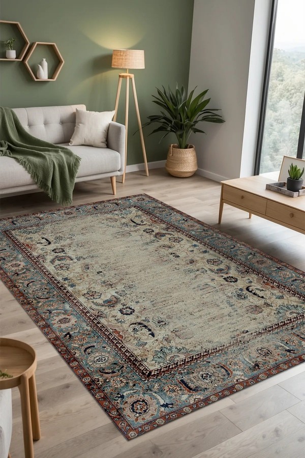 Laloven Vintage Desenli Pamuk Tabanlı Yıkanabilen Kaydırmaz Antibakteriyel Şönil Salon Halısı