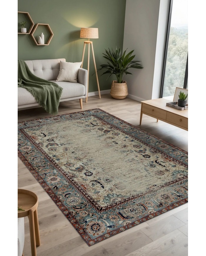 Laloven Vintage Desenli Pamuk Tabanlı Yıkanabilen Kaydırmaz Antibakteriyel Şönil Salon Halısı