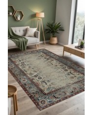 Laloven Vintage Desenli Pamuk Tabanlı Yıkanabilen Kaydırmaz Antibakteriyel Şönil Salon Halısı