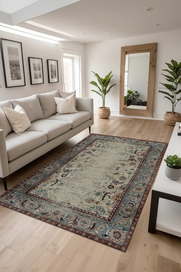 Laloven Vintage Desenli Pamuk Tabanlı Yıkanabilen Kaydırmaz Antibakteriyel Şönil Salon Halısı