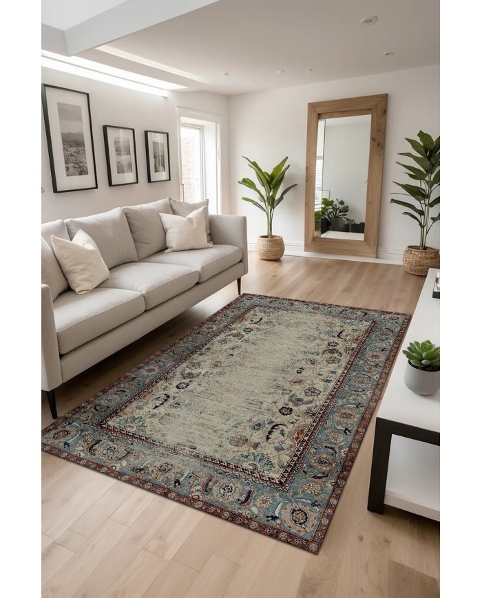 Laloven Vintage Desenli Pamuk Tabanlı Yıkanabilen Kaydırmaz Antibakteriyel Şönil Salon Halısı