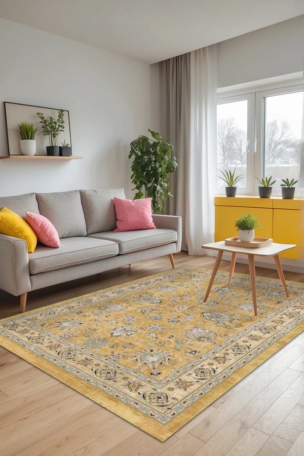 Serein Patchwork Desenli Pamuk Tabanlı Yıkanabilen Kaydırmaz Antibakteriyel Şönil Salon Halısı