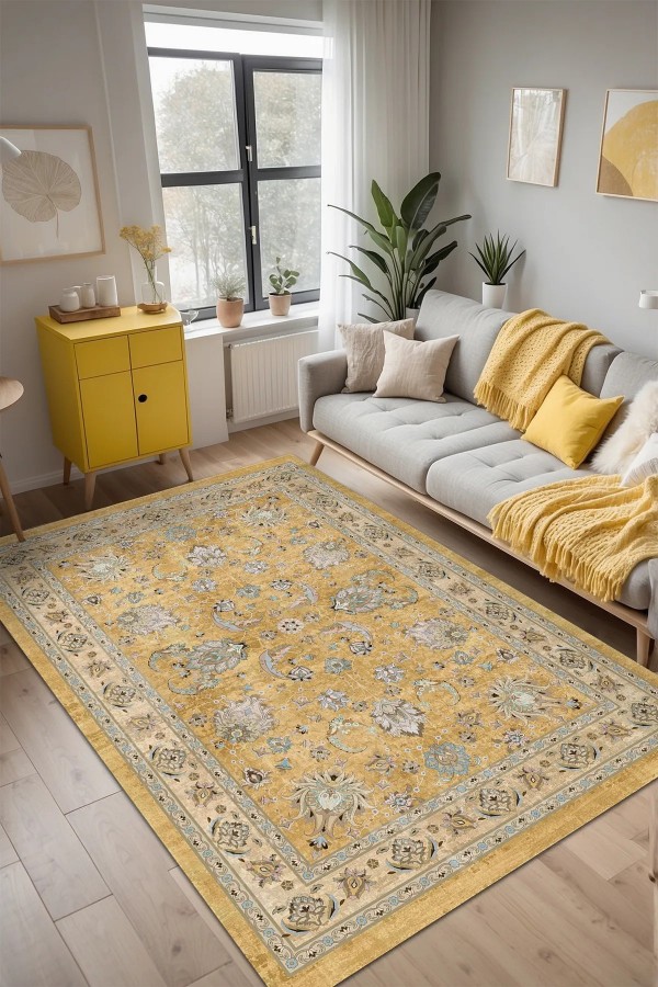 Serein Patchwork Desenli Pamuk Tabanlı Yıkanabilen Kaydırmaz Antibakteriyel Şönil Salon Halısı