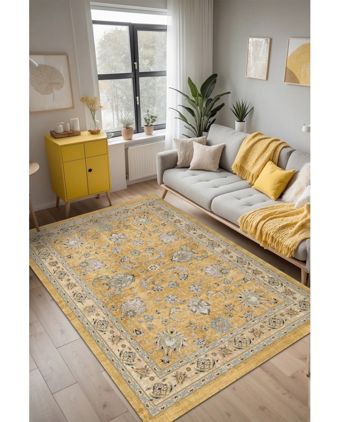 Serein Patchwork Desenli Pamuk Tabanlı Yıkanabilen Kaydırmaz Antibakteriyel Şönil Salon Halısı