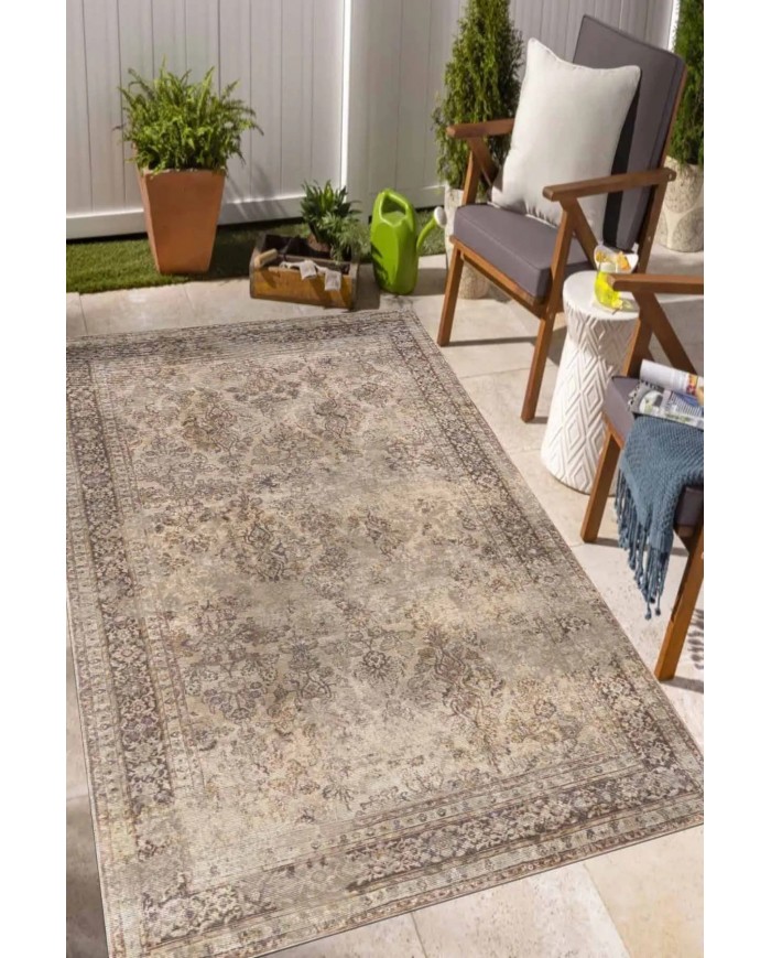 Glodeni Vintage Desenli Pamuk Tabanlı Yıkanabilen Kaydırmaz Antibakteriyel Şönil Salon Halısı