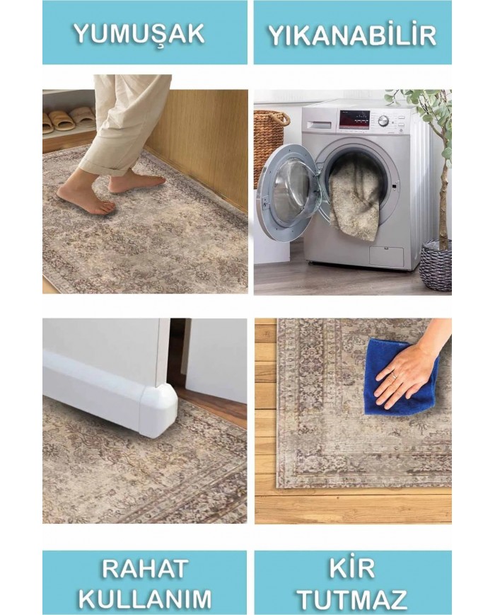 Glodeni Vintage Desenli Pamuk Tabanlı Yıkanabilen Kaydırmaz Antibakteriyel Şönil Salon Halısı