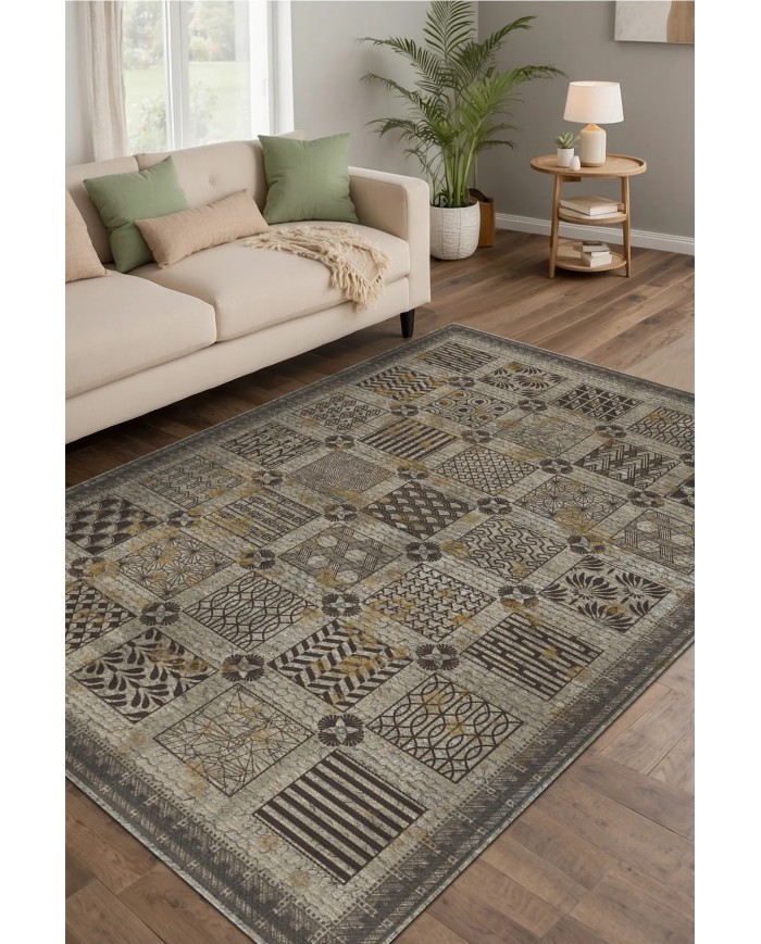 Abigail Desenli Pamuk Tabanlı Yıkanabilen Kaymaz Antibakteriyel Şönil Salon Halısı