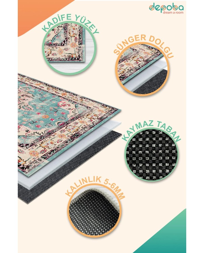 Pier Kadife Yıkanabilir Kaymaz Pamuk Tabanlı Antibakteriyel Salon Halısı