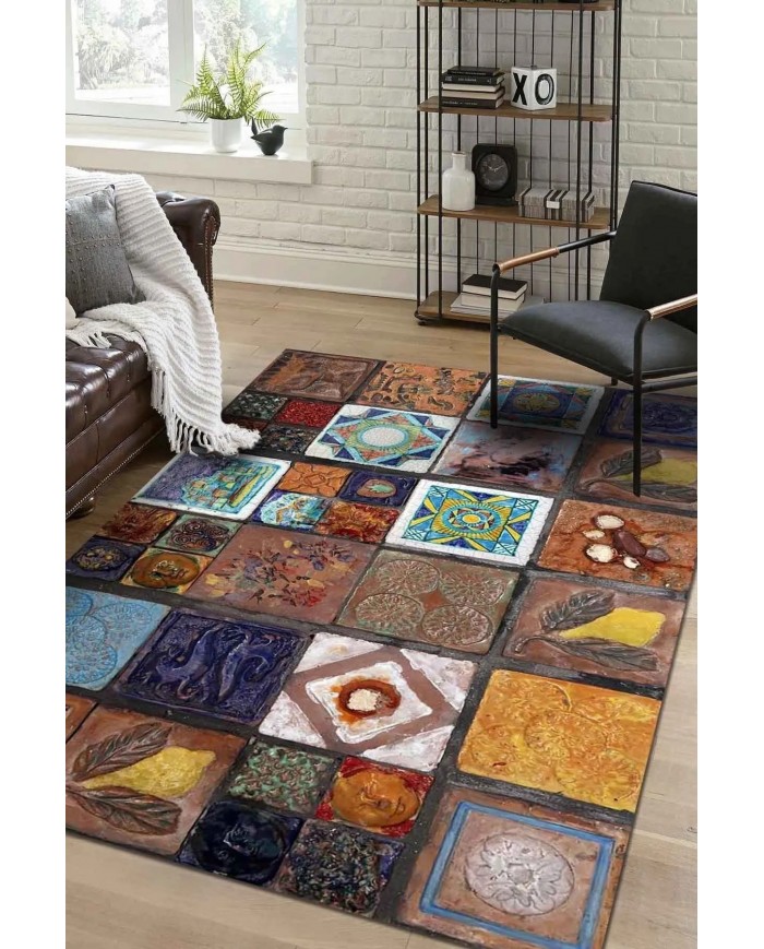 Superlonga Desenli Pamuk Tabanlı Yıkanabilen Kaydırmaz Antibakteriyel Şönil Salon Halısı