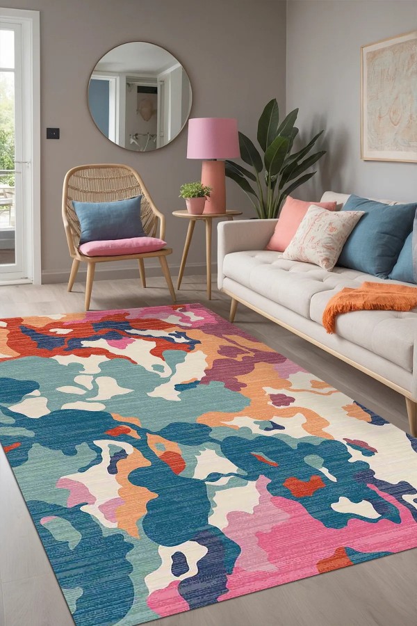 Leoni Desenli Pamuk Tabanlı Yıkanabilen Kaydırmaz Antibakteriyel Şönil Salon Halısı