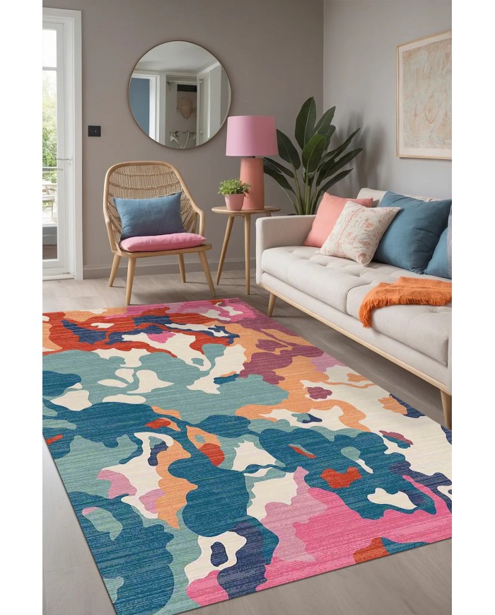 Leoni Desenli Pamuk Tabanlı Yıkanabilen Kaydırmaz Antibakteriyel Şönil Salon Halısı