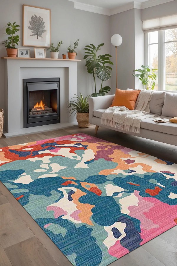 Leoni Desenli Pamuk Tabanlı Yıkanabilen Kaydırmaz Antibakteriyel Şönil Salon Halısı