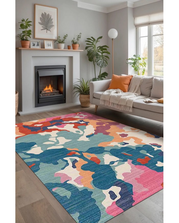 Leoni Desenli Pamuk Tabanlı Yıkanabilen Kaydırmaz Antibakteriyel Şönil Salon Halısı