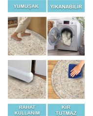 Monty Vintage Desenli Şönil Pamuk Tabanlı Yıkanabilen Kaymaz Antibakteriyel Yuvarlak Salon Halısı