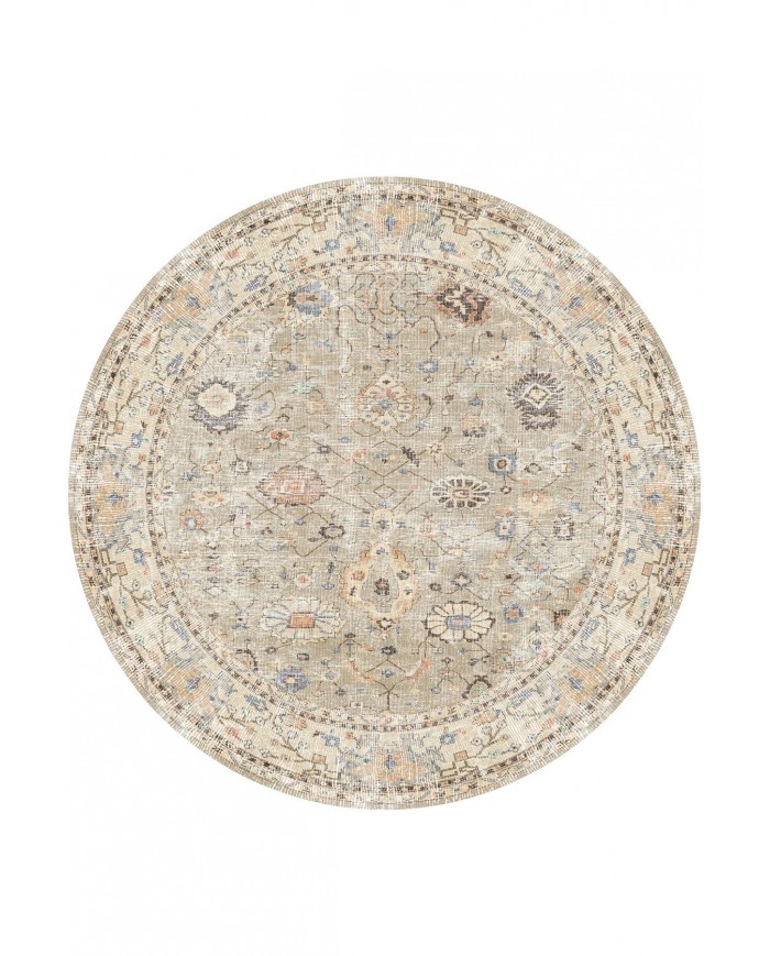 Monty Vintage Desenli Şönil Pamuk Tabanlı Yıkanabilen Kaymaz Antibakteriyel Yuvarlak Salon Halısı