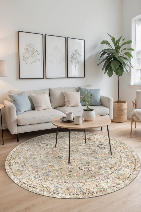 Monty Vintage Desenli Şönil Pamuk Tabanlı Yıkanabilen Kaymaz Antibakteriyel Yuvarlak Salon Halısı Monty Vintage Desenli Şönil Pamuk Tabanlı Yıkanabilen Kaymaz Antibakteriyel Yuvarlak Salon Halısı